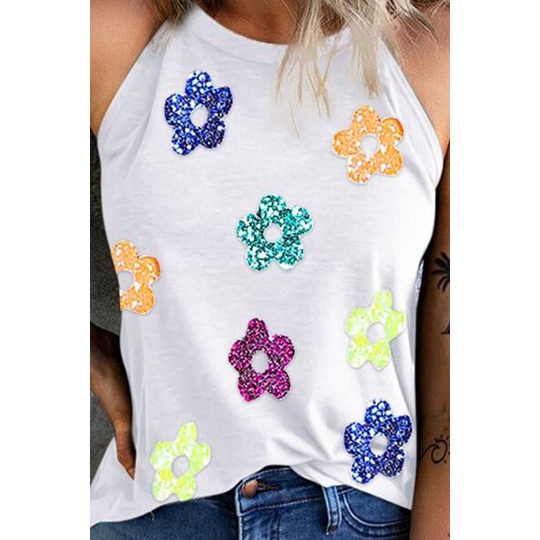 Sequin Flower Grecian Neck Tank in White