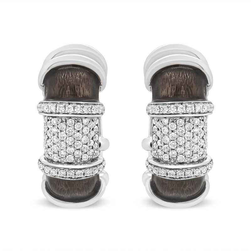 Bids.com 18K White Gold Flash Plated .925 Sterling Silver Clear Graphite Grey Enamel 5/8 Cttw Round Diamonds Huggie Hoop Earrings (F-G Color, VS1-VS2 Clarity) Earrings