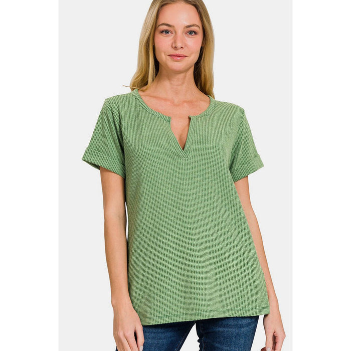 Zenana Waffle Notched Short Sleeve T-Shirt