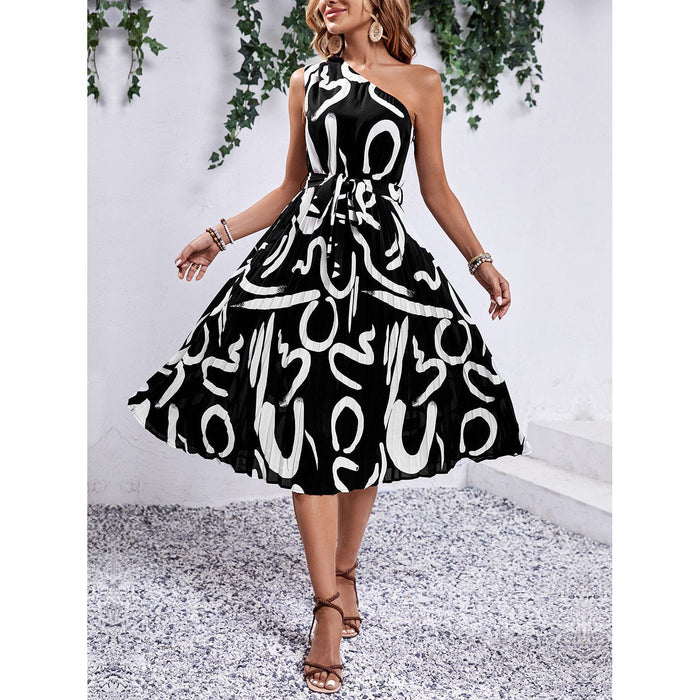 Printed Single Shoulder Tie Waist Dress