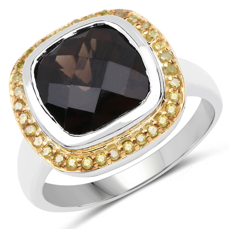 Bids.com 3.67 Carat Genuine Smoky Quartz and Yellow Diamond .925 Sterling Silver Ring Rings