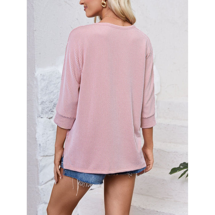 Textured Round Neck Three-Quarter Sleeve Blouse