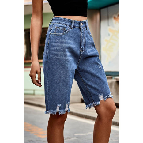 Raw Hem High Waist Denim Shorts with Pockets