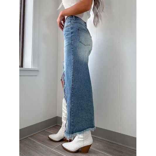 Mill's Beauty Supply High-Waist Raw Hem Asymmetry Denim Skirt