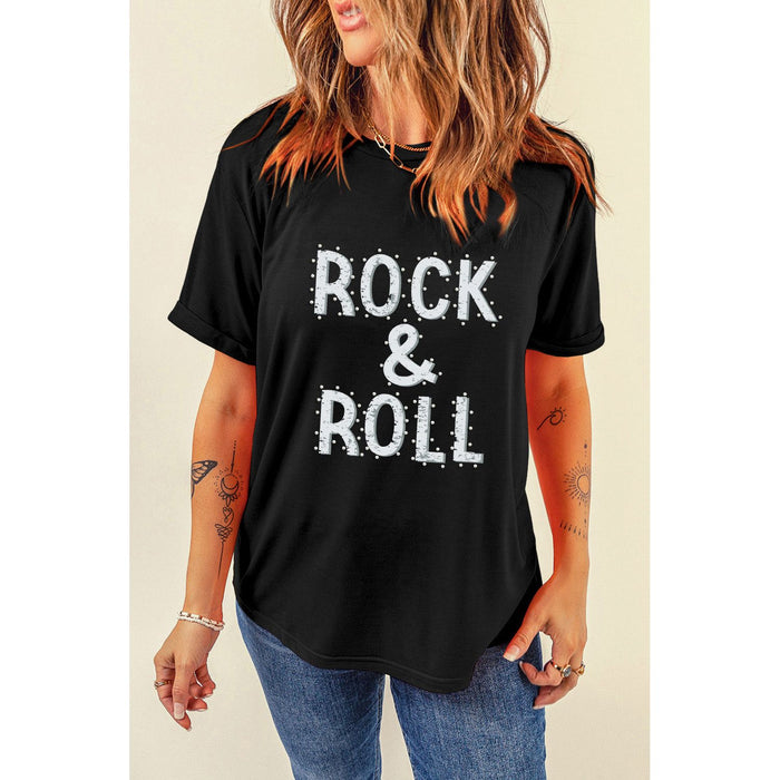 Rock & Roll Letter Graphic Round Neck Short Sleeve Graphic Tee in Black