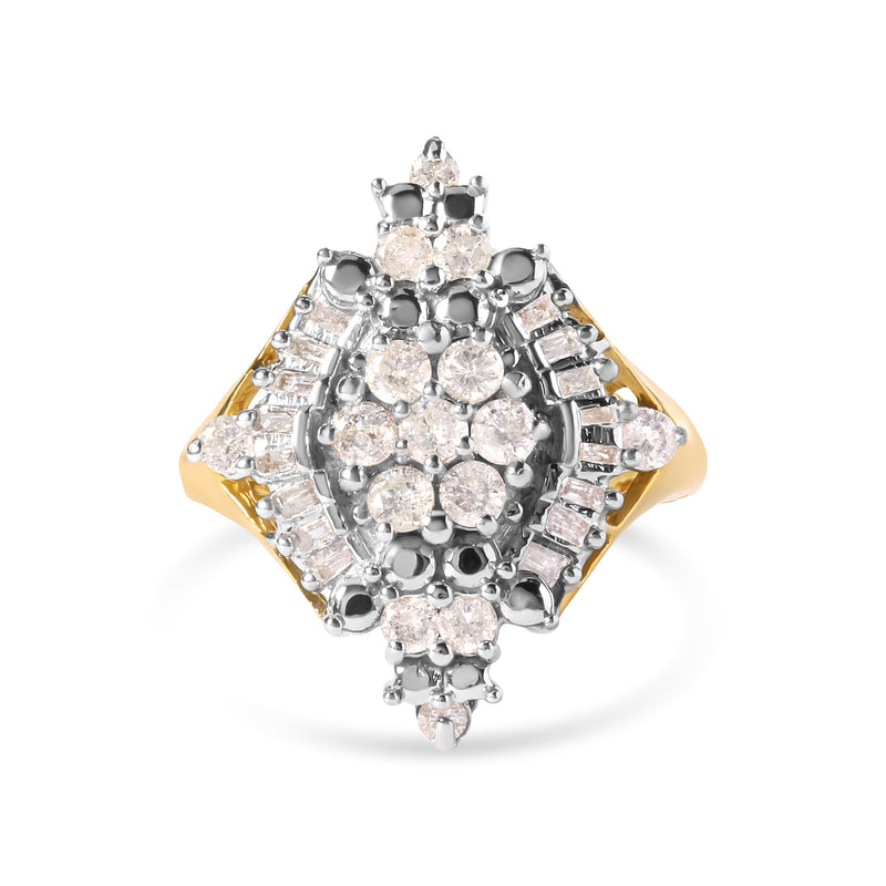 Bids.com 10K Yellow Gold 1 Cttw Round and Baguette cut Diamond Cluster and Rhombus Halo Ring (H-I Color, I1-I2 Clarity) - Ring Size 7 Rings