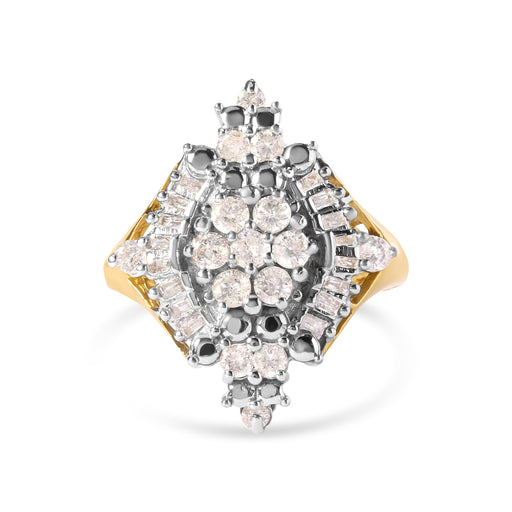 Bids.com 10K Yellow Gold 1 Cttw Round and Baguette cut Diamond Cluster and Rhombus Halo Ring (H-I Color, I1-I2 Clarity) - Ring Size 7 Rings