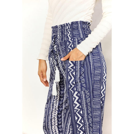 Double Take Geometric Print Tassel High-Rise Pants