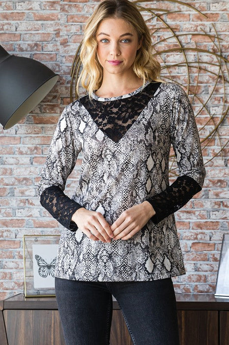 Full Size Snakeskin Print Round Neck Lace Contrast Top