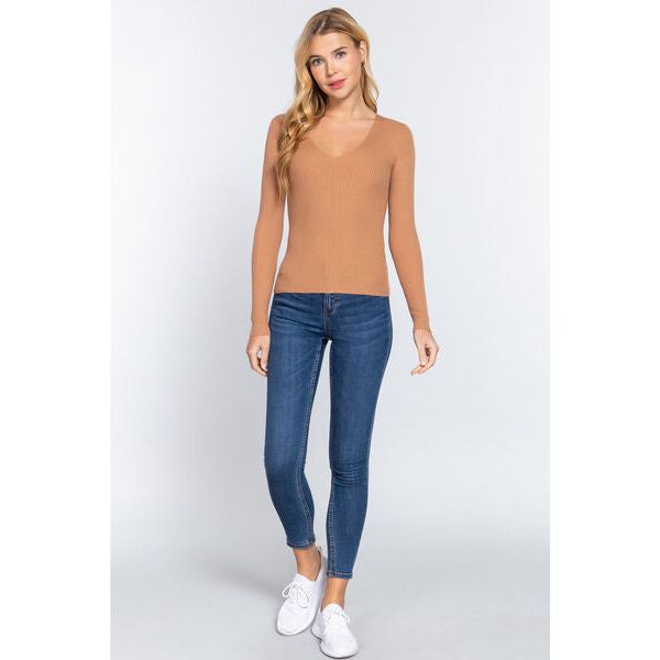 ACTIVE BASIC V-Neck Fitted Viscose Rib Knit Top