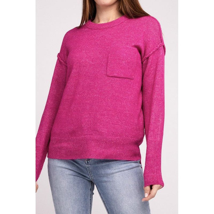 Melange Hi-Low Hem Round Neck Sweater