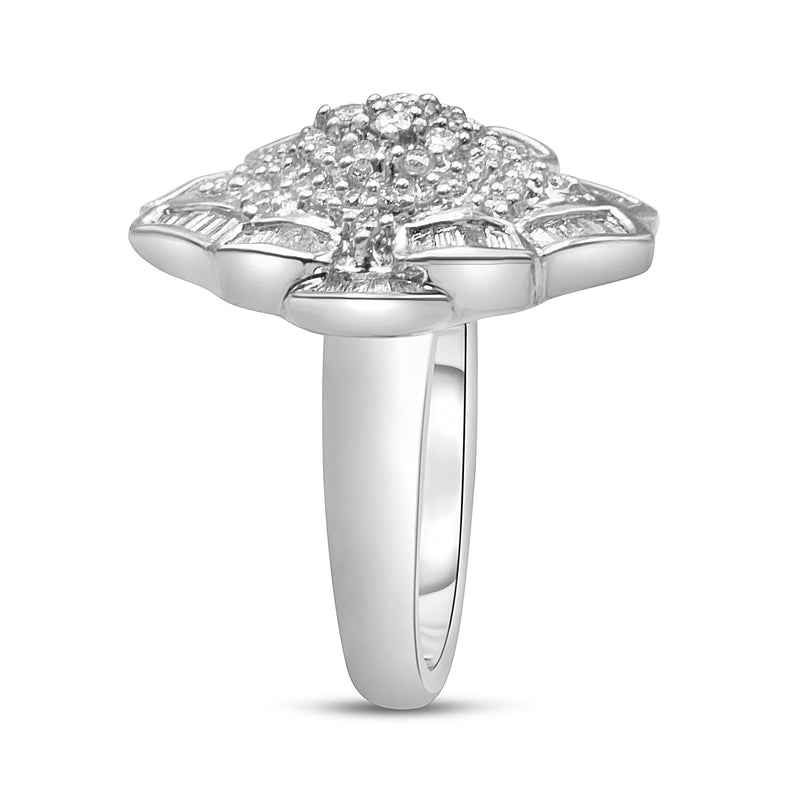 Bids.com 14K White Gold 7/8 Cttw Round and Baguette-Cut Diamond Cluster Ring (H-I Color, SI2-I1 Clarity) - Size 7 Rings