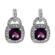 Bids.com .925 Sterling Silver 8MM Natural Cushion Shaped Amethyst and Diamond Accent Halo with Push Back Dangle Earrings (I-J Color, I2-I3 Clarity) Earrings
