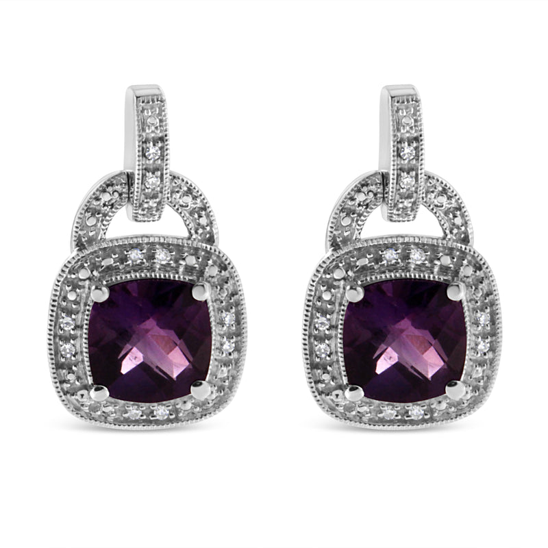 Bids.com .925 Sterling Silver 8MM Natural Cushion Shaped Amethyst and Diamond Accent Halo with Push Back Dangle Earrings (I-J Color, I2-I3 Clarity) Earrings