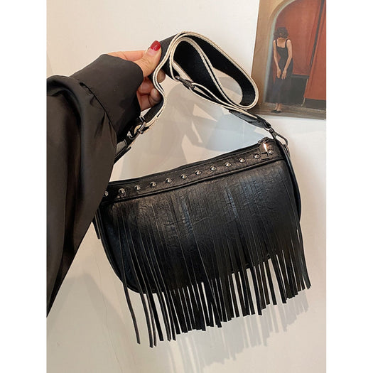 PU Leather Fringe Studded Crossbody Bag