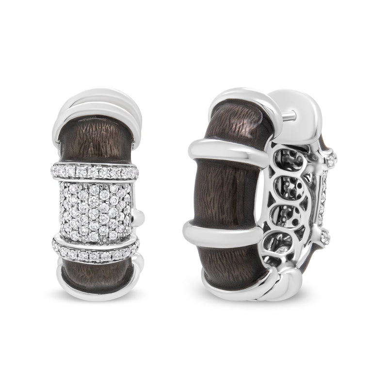 Bids.com 18K White Gold Flash Plated .925 Sterling Silver Clear Graphite Grey Enamel 5/8 Cttw Round Diamonds Huggie Hoop Earrings (F-G Color, VS1-VS2 Clarity) Earrings