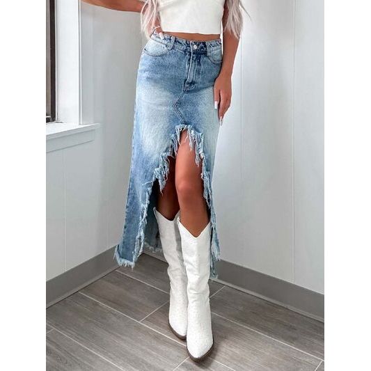 Mill's Beauty Supply High-Waist Raw Hem Asymmetry Denim Skirt