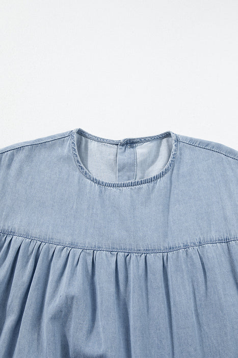 Ruffle Short Sleeve Tiered A-line Denim Dress