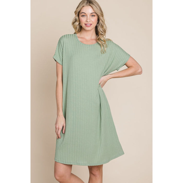 Ribbed Round Neck Short Sleeve Dress in Sage