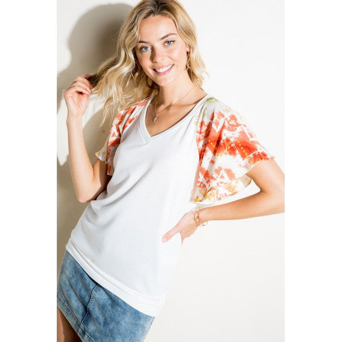 V NECK SHORT FLAIR SLEEVE TOP