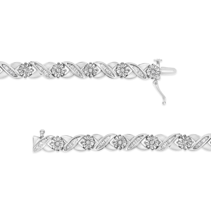 Bids.com .925 Sterling Silver 1.0 Cttw Round-Brilliant and Baguette Cut Diamond Miracle-Set X-Link 7" Tennis Bracelet (I-J Color, I2-I3 Clarity) Bracelets
