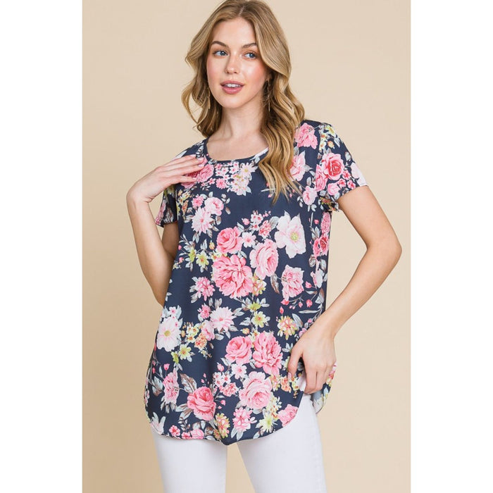 BOMBOM Floral Round Neck Short Sleeve T-Shirt