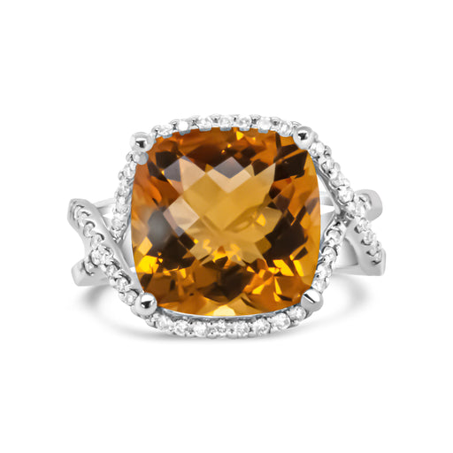 Bids.com 14K White Gold 12mm Cushion Cut Yellow Citrine Gemstone and 1/3 Cttw Round Pave-Set Diamond Ring - (H-I Color, VS1-VS2 Clarity)- Size 6.5 Rings