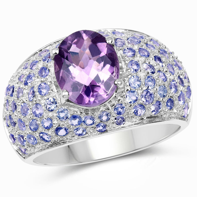 Bids.com 4.21 Carat Genuine Amethyst and Tanzanite .925 Sterling Silver Ring Rings