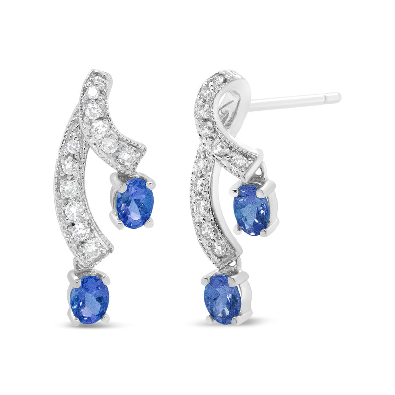 Bids.com 14K White Gold 4x3MM Oval Shaped Natural Blue Tanzanite Gemstone and 1/5 Cttw Diamond Double 3/4" Inch Drop Stud Earrings (H-I Color, VS1-VS2 Clarity) Earrings