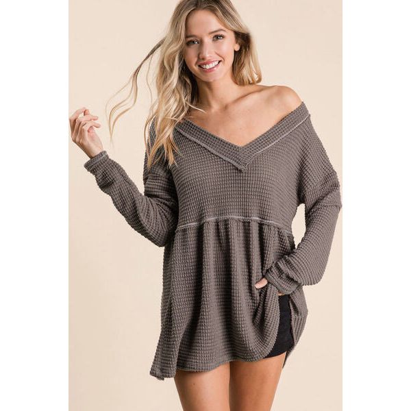 BiBi Waffle Knit V-Neck Babydoll Blouse