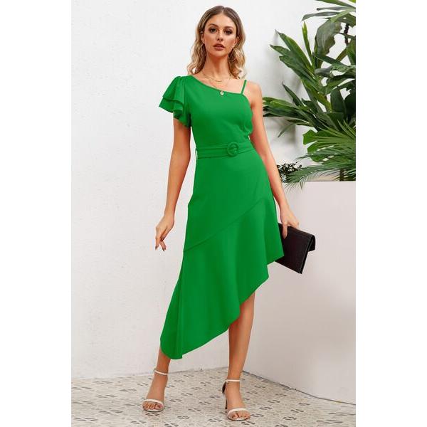 Ruffled Asymmetrical Neck Flutter Sleeve Dress