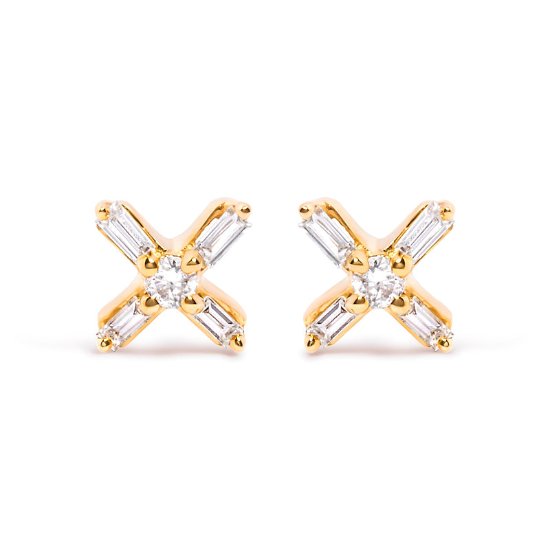 Bids.com 10K Yellow Gold 1/10 Cttw Round and Baguette Diamond Criss Cross X Stud Earring (H-I Color, I1-I2 Clarity) Earrings