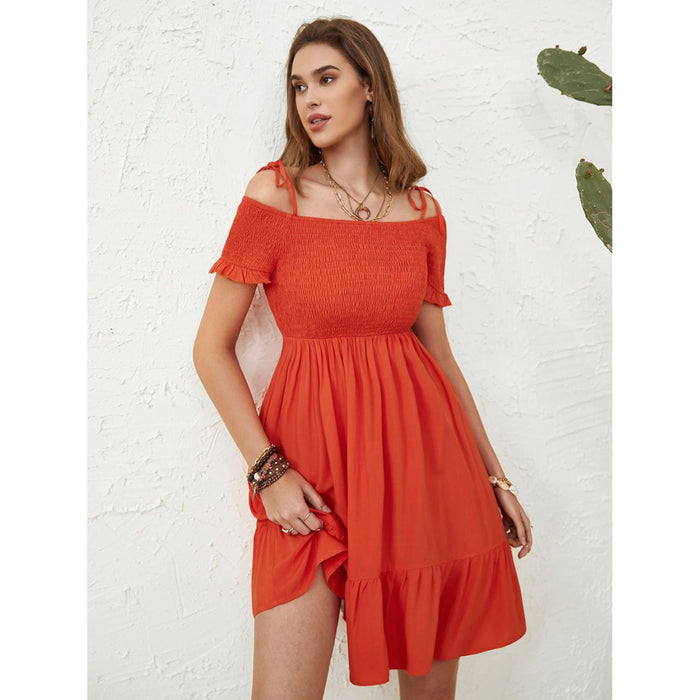 Smocked Spaghetti Strap Short Sleeve Dress