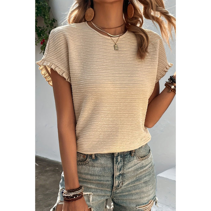 Frill Round Neck Short Sleeve Blouse