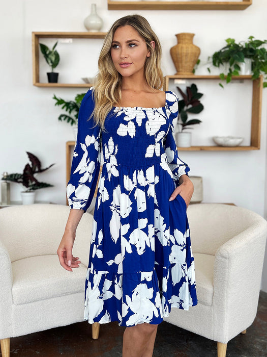 Floral Ruffle Hem Smocked Dress in Royal Blue