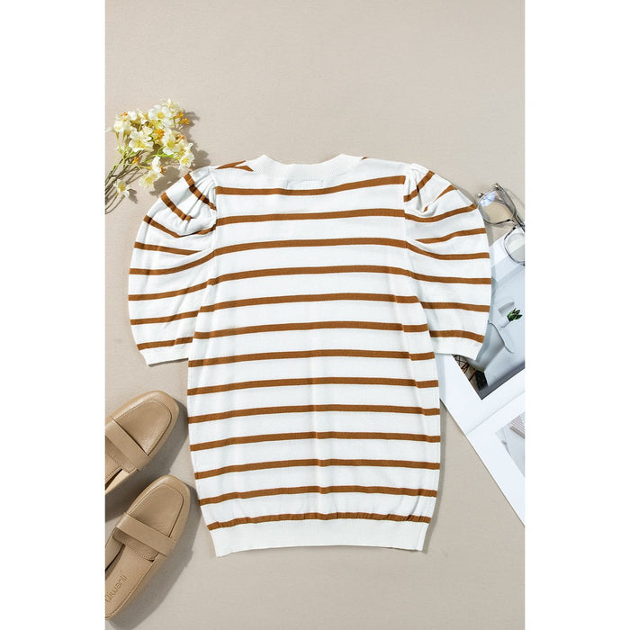 Striped Round Neck Puff Sleeve Knit Top