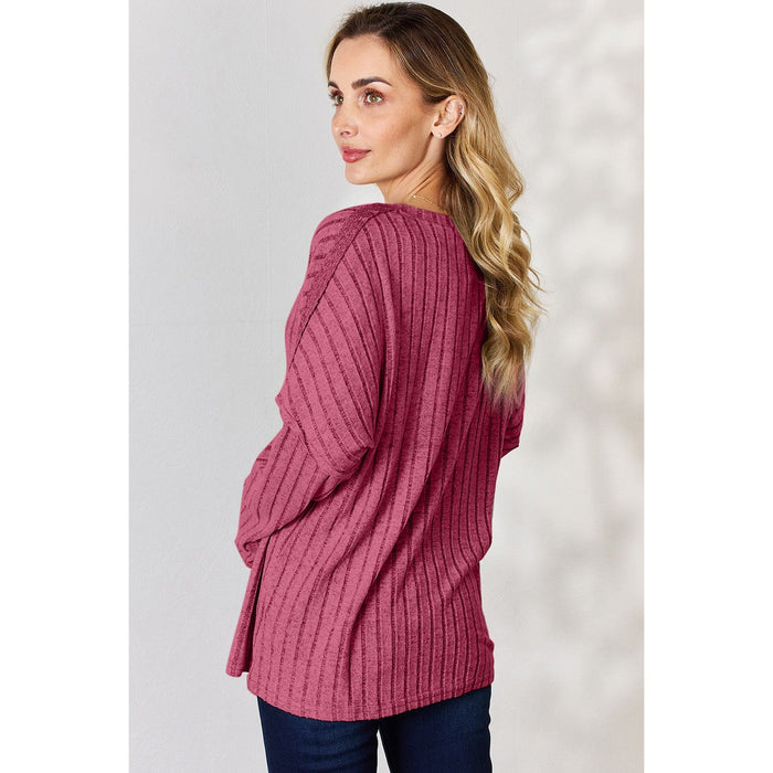 Basic Bae Ribbed Half Button Long Sleeve T-Shirt