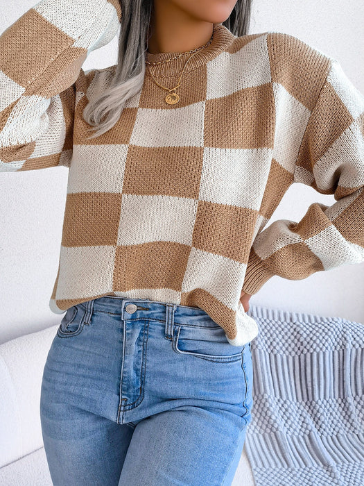 Checkered Mock Neck Long Sleeve Sweater