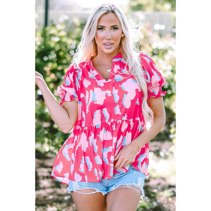 Peplum Printed Notched Short Sleeve Blouse