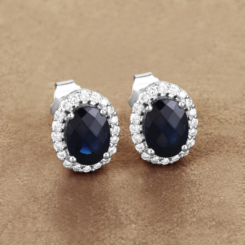 Bids.com 2.16 Carat Genuine Blue Sapphire and White Diamond 14K White Gold Earrings Earrings