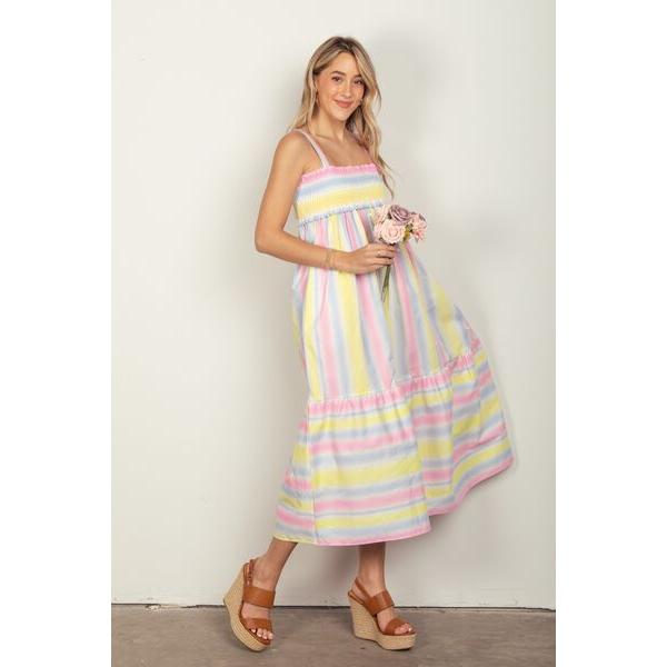 VERY J Striped Woven Smocked Midi Cami Dress