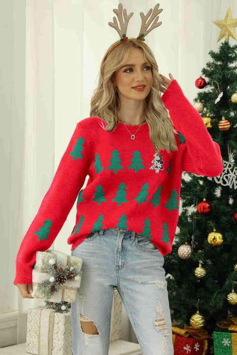 Christmas Tree Round Neck Ribbed Trim Sweater by VYSN