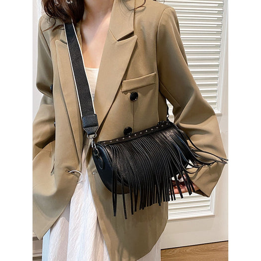 PU Leather Fringe Studded Crossbody Bag