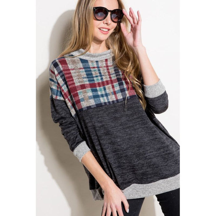 Plus Solid Plaid Mock Neck Top