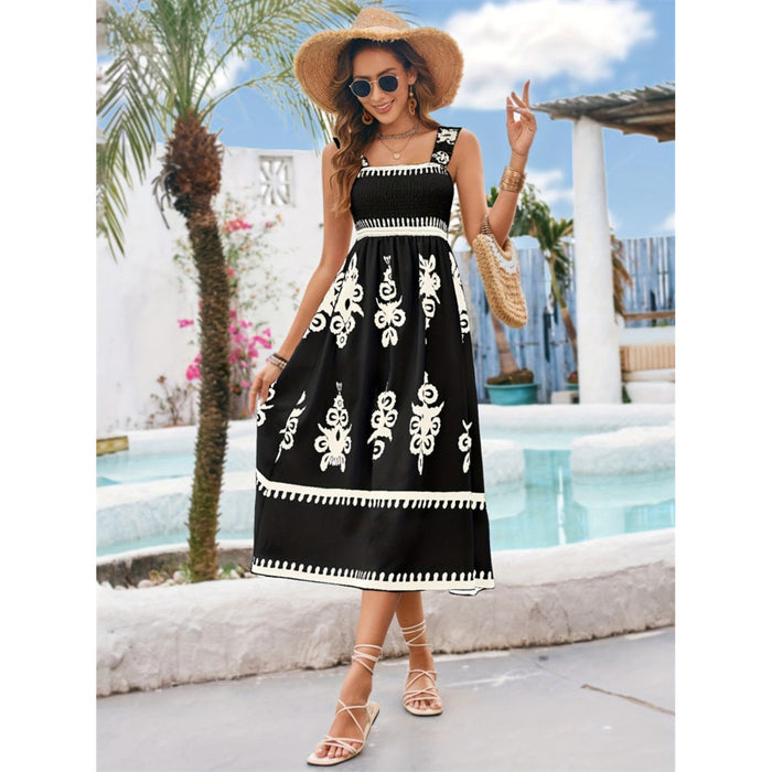 Printed Square Neck Wide Strap Midi Dress