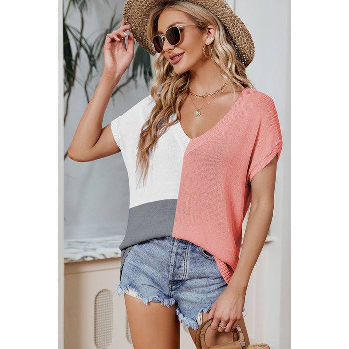 Color Block V-Neck Short Sleeve Knit Top