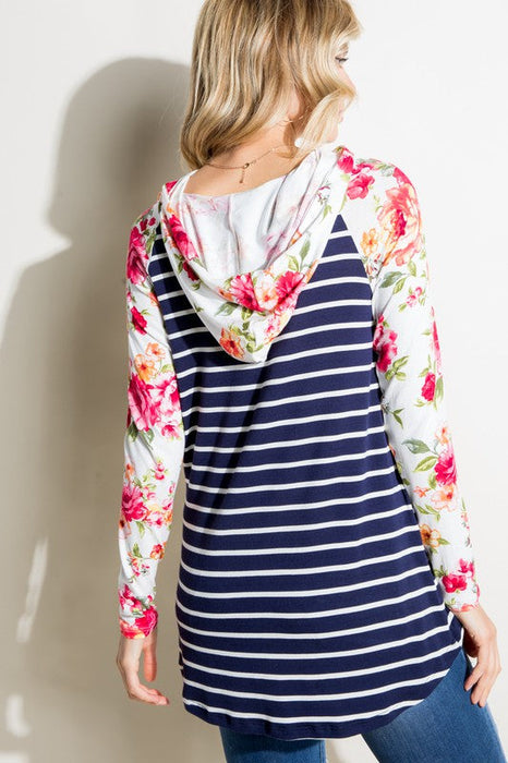 PLUS STRIPE FLORAL MIX HOODIE TOP