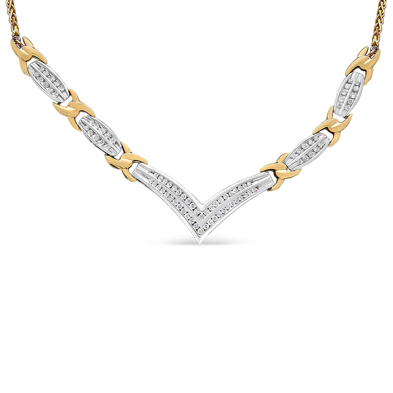 Bids.com 10K Yellow and White Gold 1.0 Cttw Round and Princess cut Diamond "V" Shape Statement Necklace (I-J Color, I1-I2 Clarity) Necklaces