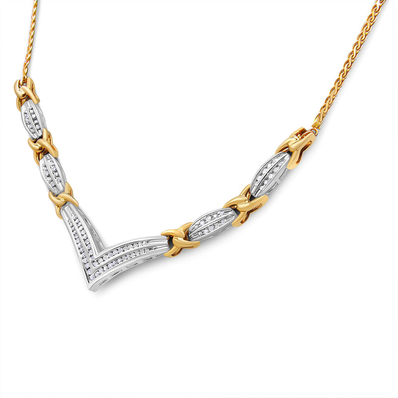 Bids.com 10K Yellow and White Gold 1.0 Cttw Round and Princess cut Diamond "V" Shape Statement Necklace (I-J Color, I1-I2 Clarity) Necklaces
