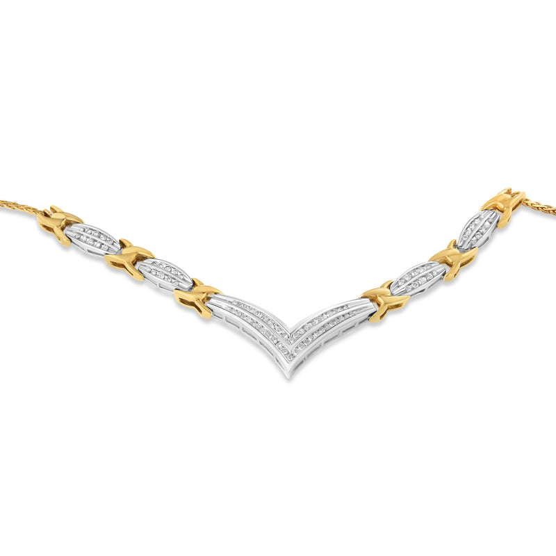Bids.com 10K Yellow and White Gold 1.0 Cttw Round and Princess cut Diamond "V" Shape Statement Necklace (I-J Color, I1-I2 Clarity) Necklaces